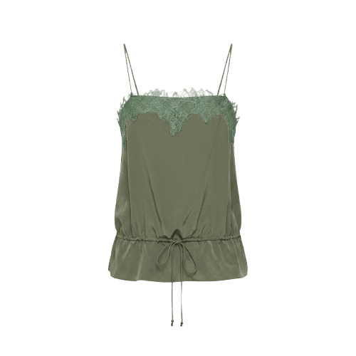 Top De Seda De Alcinha Decote Reto Verde Com Renda