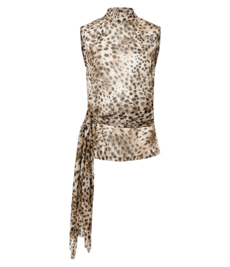 Blusa em Tule Alongada com Gola Alta e Estampa Animal Print Bege/Marrom