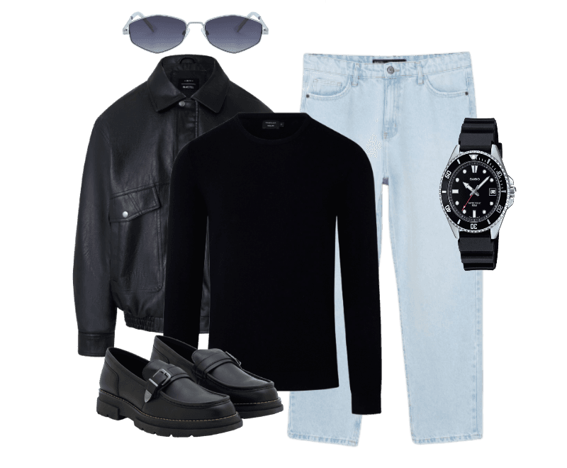 Look masculino casual chic: jeans claro, suéter e jaqueta bomber de couro