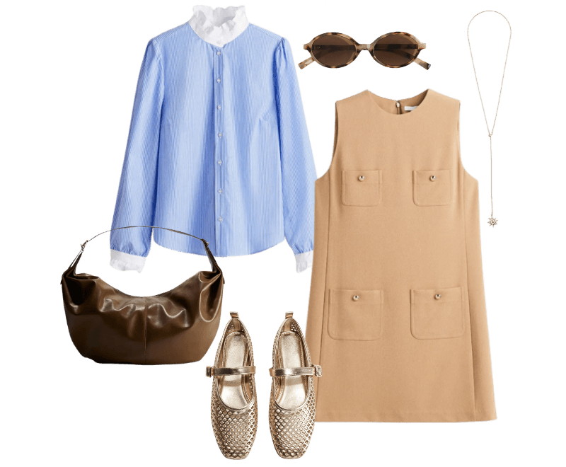 Look casual chic: vestido bege com camisa listrada e toques dourados