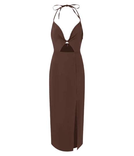 Vestido Midi com Decote V e Busto Franzido Marrom