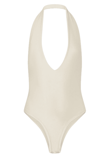 Body Frente Única Em Microfibra Com Decote Profundo Off White