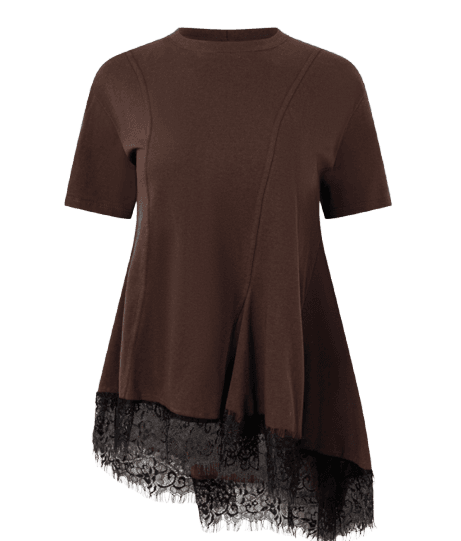 Camiseta com Recortes Assimétricos e Barra de Renda Marrom