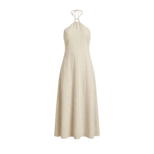 Vestido midi evasê em viscolinho - Bege