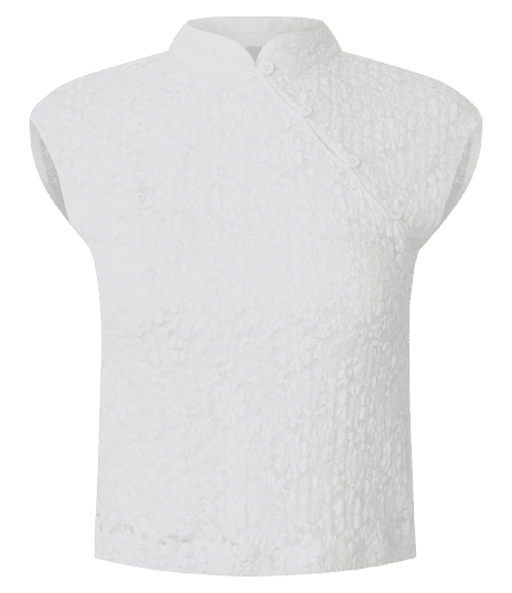 Blusa em Renda com Gola Oriental e Fechamento Transpassado