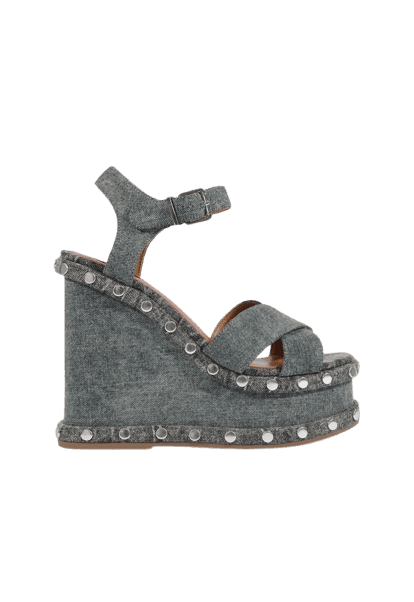 Sandália Plataforma Bico Quadrado Studs Couro Jeans