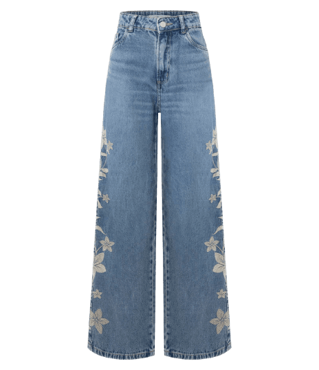 Calça Wide em Jeans com Cintura Baixa e Bordado Floral