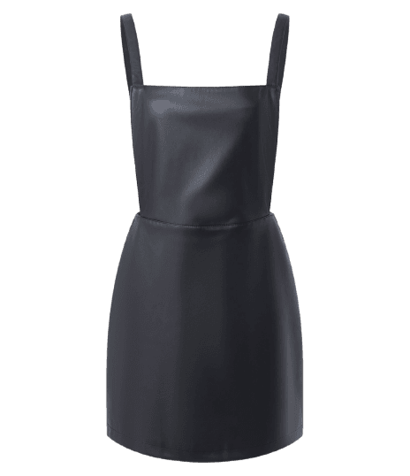 Vestido Salopete Curto em PU com Alças Largas e Recortes Posteriores
