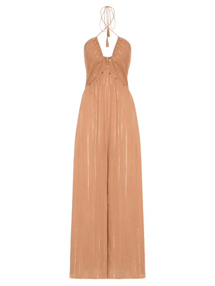 Macacão Feminino Luréx Busto Franzido Marrom Dress To