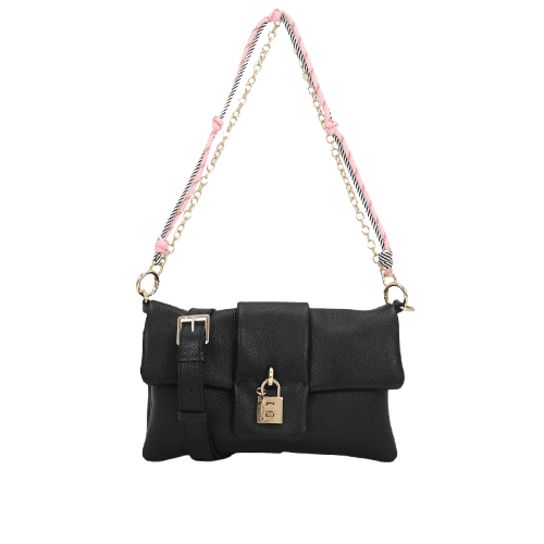 Bolsa Transversal Preto Dourado Couro