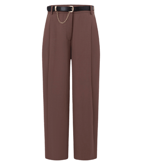 Calça Wide Leg Alfaiatada com Cinto e Detalhe de Corrente
