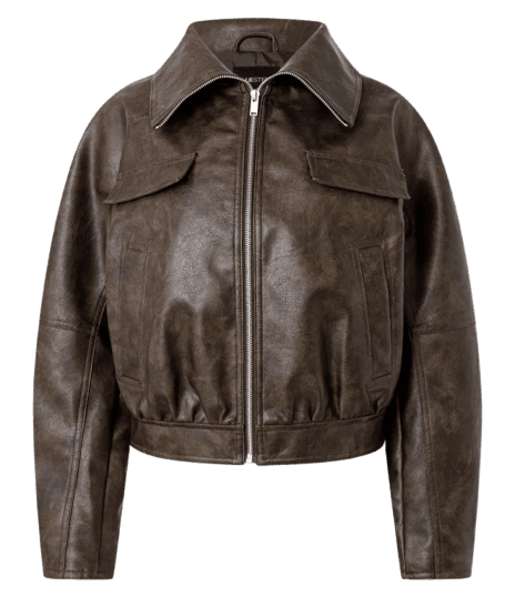 Jaqueta Bomber em PU com Efeito Manchado Marrom