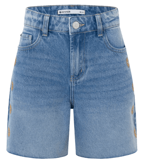 Short Midi em Jeans com Cintura Média e Bordado Sol