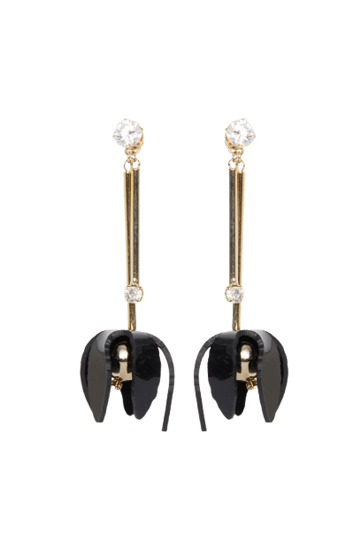 Brinco Dourado Longo Pingente e Flor Preto