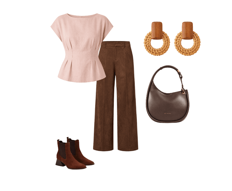 Look elegante com calça pantalona marrom e blusa peplum rosa
