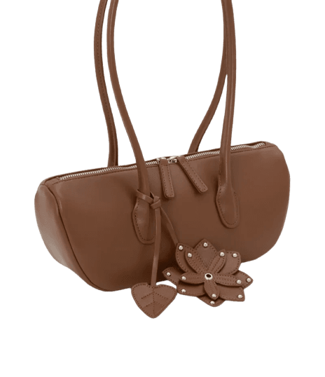 Bolsa Baguete em PU com Charm de Flor e Folha 3D Marrom