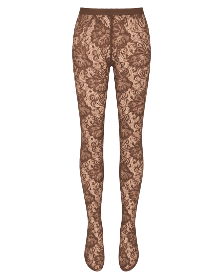 Meia-Calça Em Renda Com Padrão Floral - Marrom