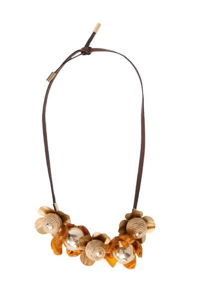 Colar Couro Marrom Flores Cachepô