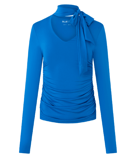 Blusa Franzida em Microfibra com Decote V e Gola Laço