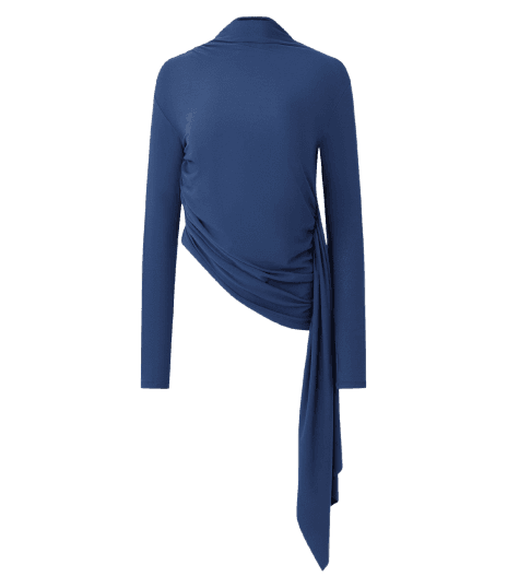 Blusa Feminina Manga Longa Gola Alta com Drapeado Assimétrico