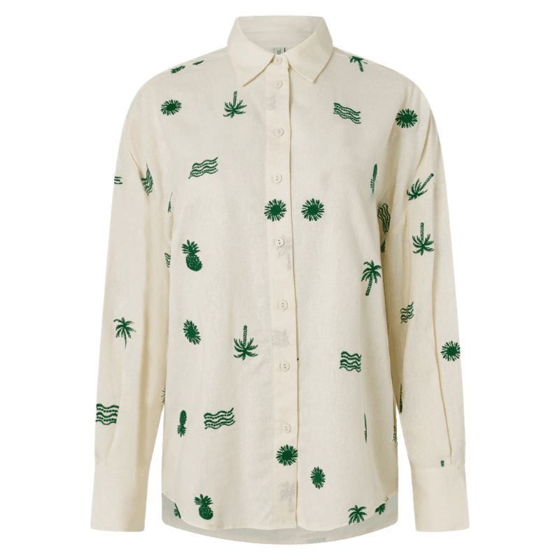 Camisa em Viscolinho com Bordado Tropical Off White