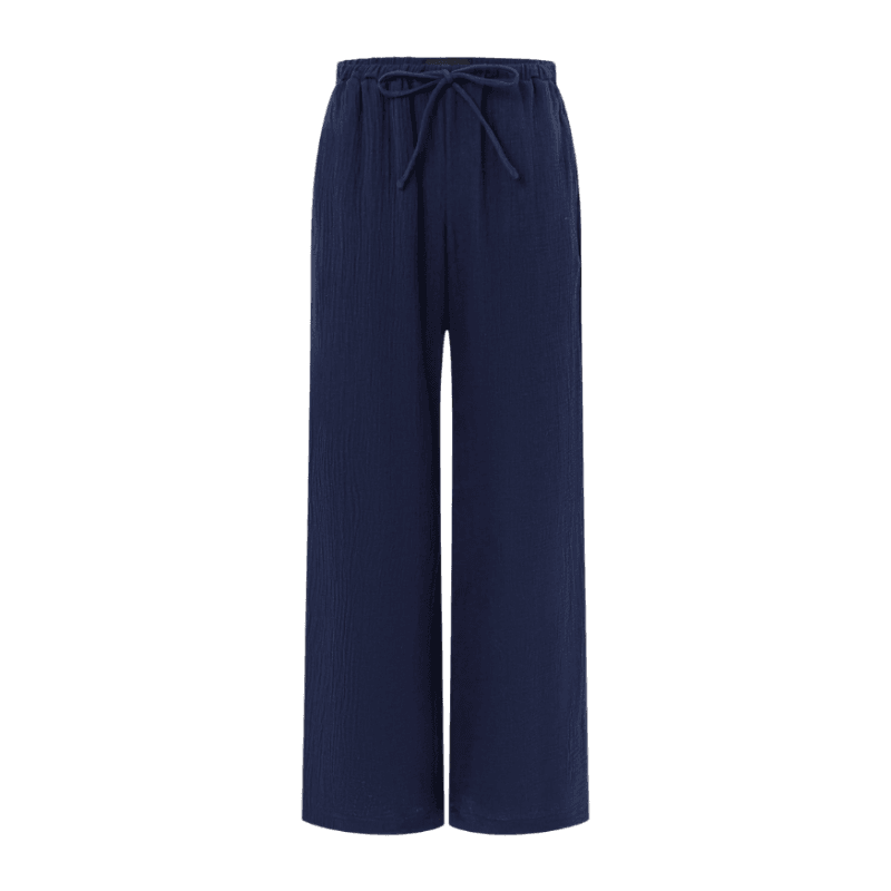 Calça Fluída em Algodão Texturizado com Amarração Azul