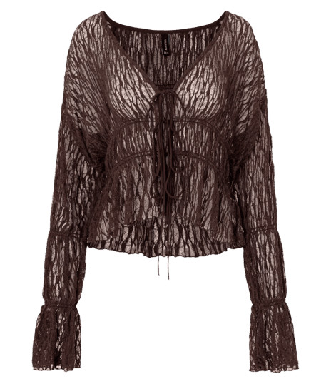 Blusa Renda Texturizada com Lacinhos e Manga Longa