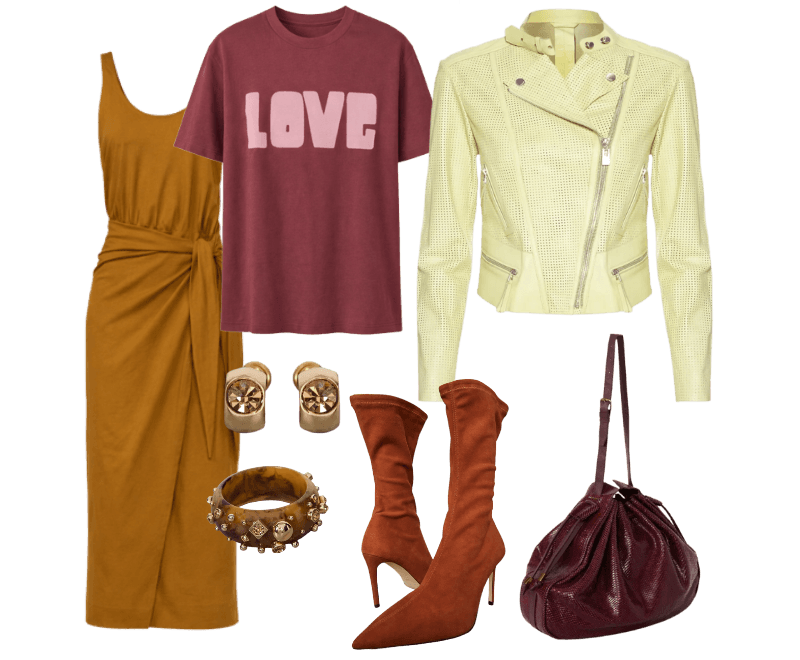 Look casual chic: vestido midi, jaqueta de couro e botas para o outono