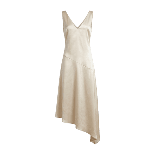 vestido midi feminino decote v com recortes assimétrico acetinado mindset bege