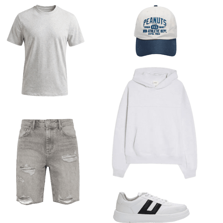 O rolê pede: t-shirt cinza e moletom oversized pra um look casual sem esforço