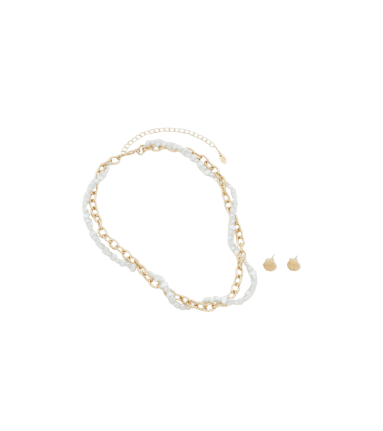 Conjunto de Colar Pérola Trançada com Corrente e Brinco de Concha em metal Dourado