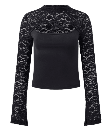 Blusa em Renda com Recorte Vazado e Manga Sino