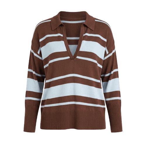 Blusa De Tricot Gola Polo Listra Bicolor