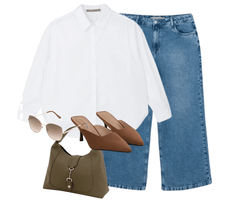 Look casual chic versátil: camisa branca, jeans e acessórios modernos