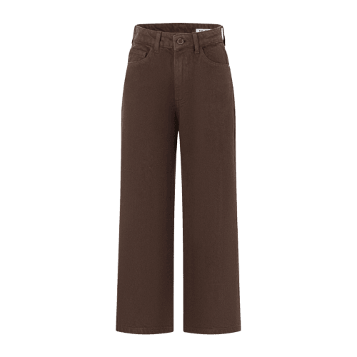 Calça Reta Cropped em Sarja com Passantes no Cós Marrom