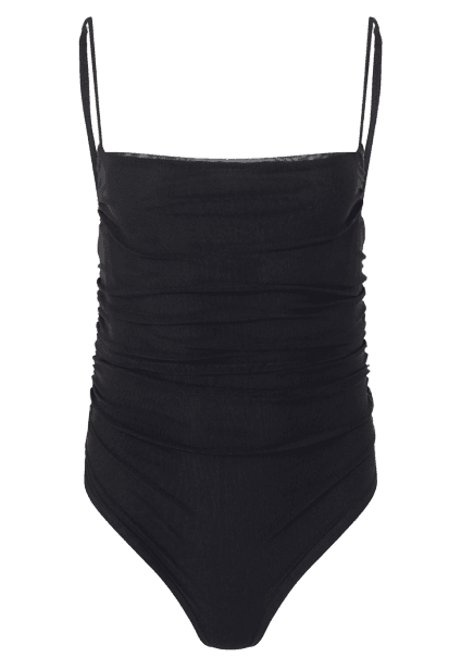 Body Alça Fina Em Tule Com Franzidos Laterais Preto