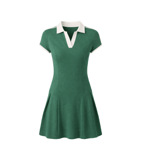 Vestido Curto em Ribana com Gola Polo Contrastante Verde
