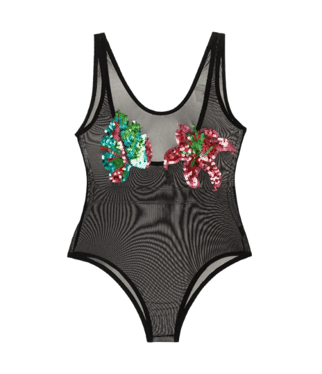 Body Tule com Bordado de Folha e Flor Preto