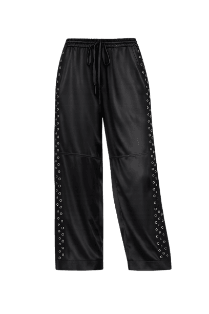 Calça De Cetim Preto Com Detalhe De Mix De Tacha