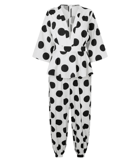 Macacão Balloon Alfaiatado com Decote V e Estampa Poá Branco/Preto