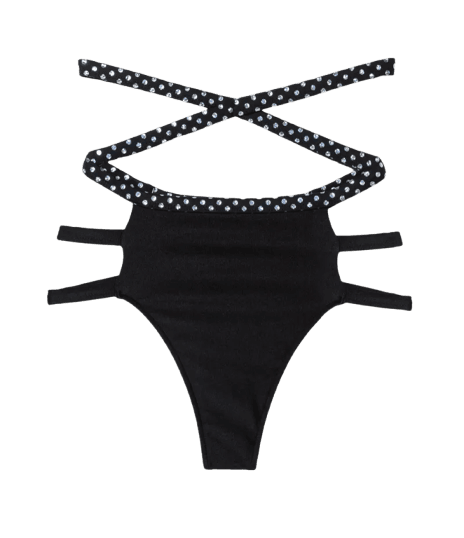 Biquíni Calcinha Hot Pants com Tiras e Aplicação de Brilho Preto