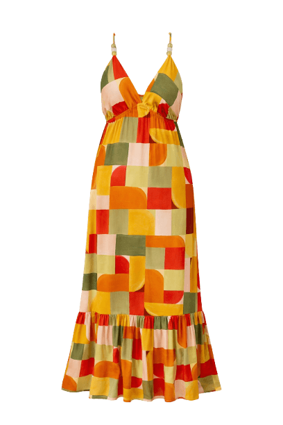 Vestido Longo Feminino de Viscose Decote V Geométrico Vivi Olimo Amarelo