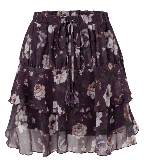Saia Curta em Chiffon Floral com Babados