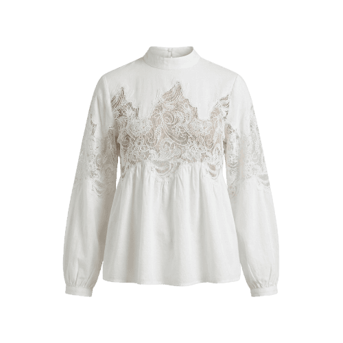Blusa De Algodão Com Manga Longa Recorte De Renda Branca