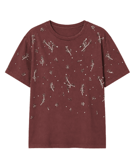 T-Shirt De Malha Estonada Bordada a Mão
