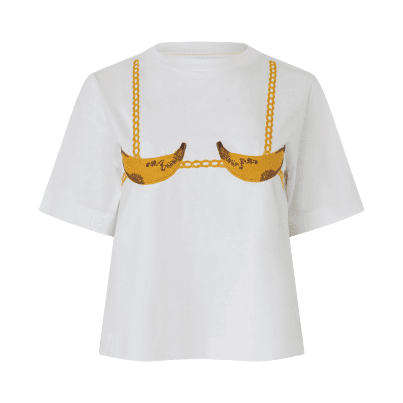 Camiseta em Algodão com Bordado de Biquini de Banana Branco