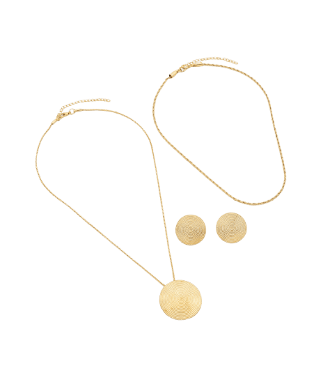 Conjunto de Colar Camadas e Brinco com Pingente Circular Dourado