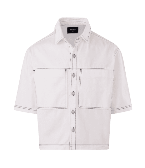 Camisa Boxy em Sarja com Bolsos Grandes e Costura Contrastante