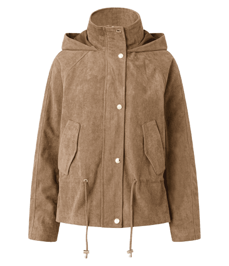 Jaqueta em Suede com Capuz e Ajuste na Cintura