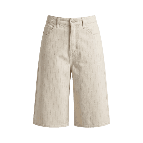 Bermuda Jorts Feminina de Sarja Cintura Alta Listrada Bege